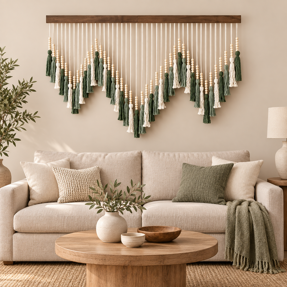 Beaded tassel wall hanging in a wave shape above a cream sofa