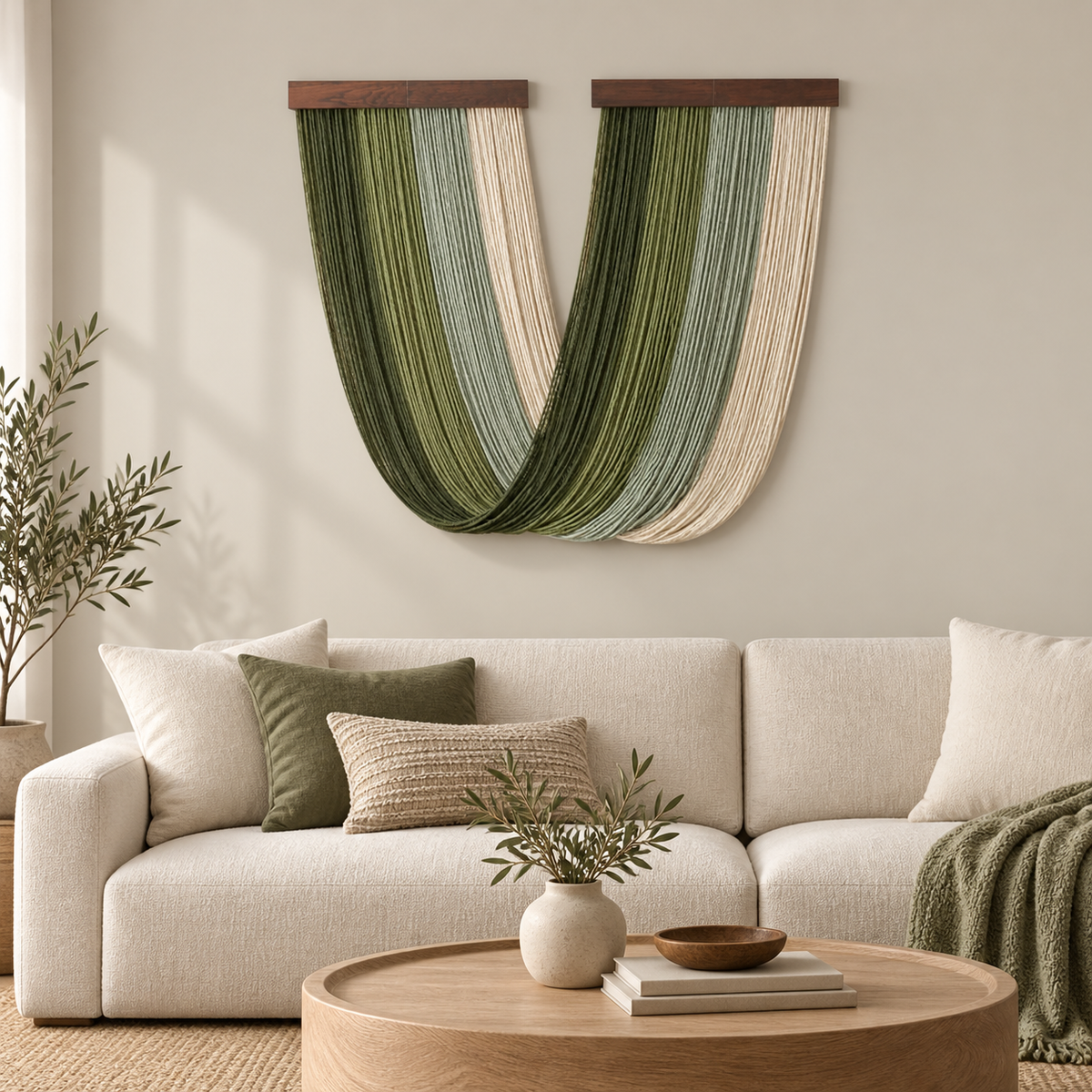 Living room above a cream sofa, two battens crossing into one deep v