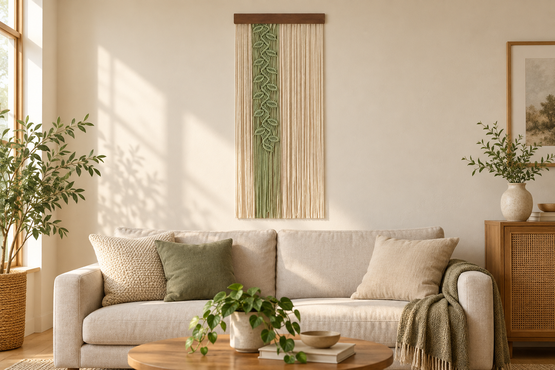 Living room above a sofa, sage leaf vine panel, twisted cord, dark stained wood batten