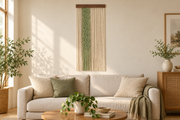 Living room above a sofa, sage leaf vine panel, twisted cord, dark stained wood batten