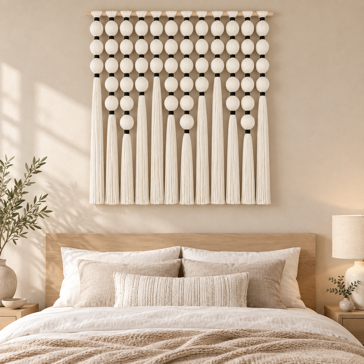 Cream sphere grid wall hanging centered above a wooden bedroom headboard