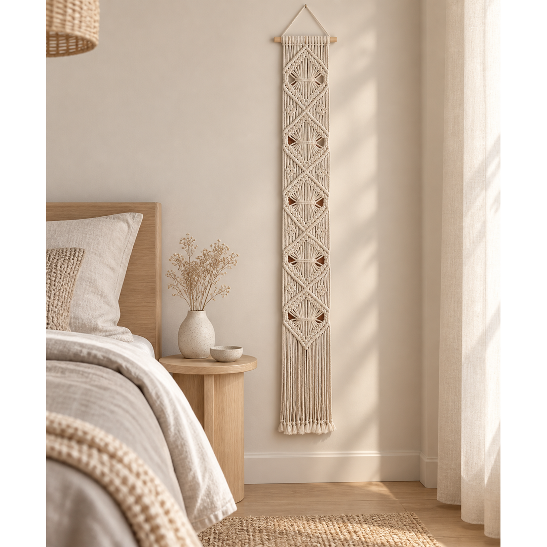 Cream macrame banner hung on the wall beside a bed in a nordic bedroom
