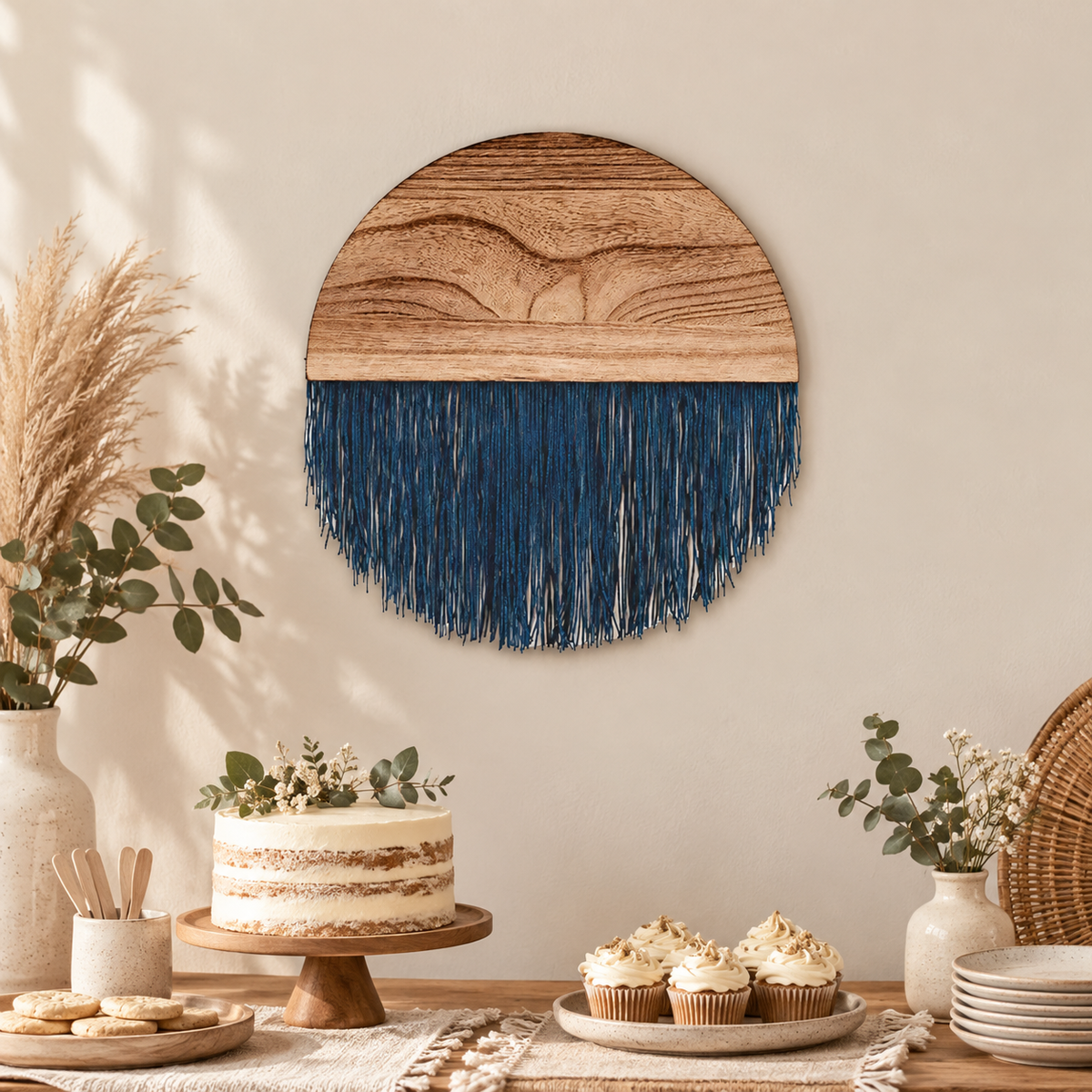 Wood and fringe circle hung above a cake and cupcake table with pampas grass