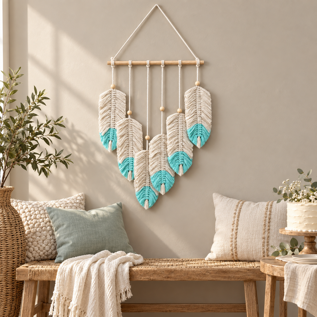 Feather wall hanging above a bench beside a party cake table