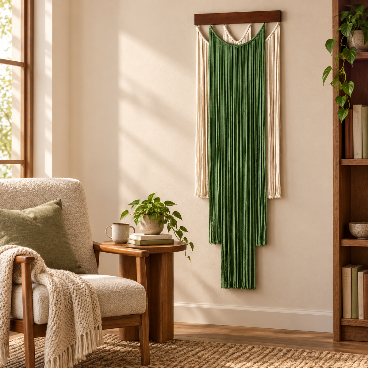 Green layered fringe wall hanging beside a bookcase and armchair