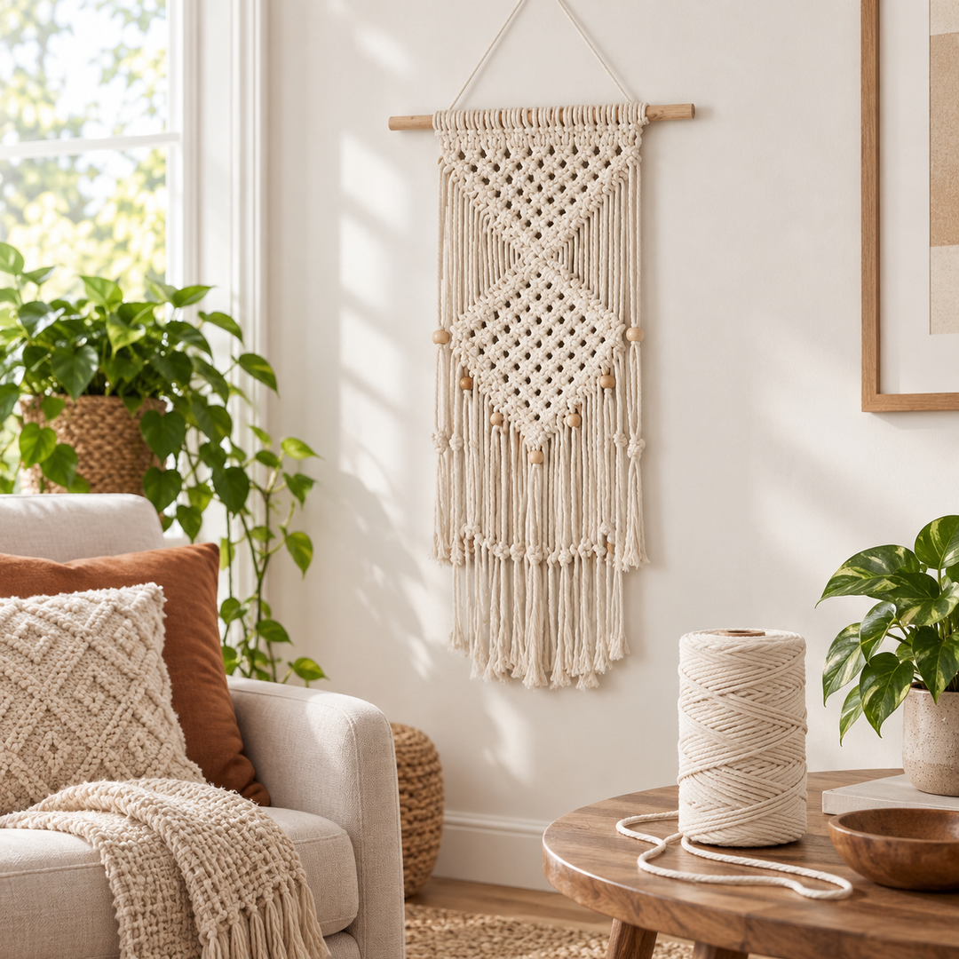 Finished macrame wall hanging in a living room with a spool on the side table