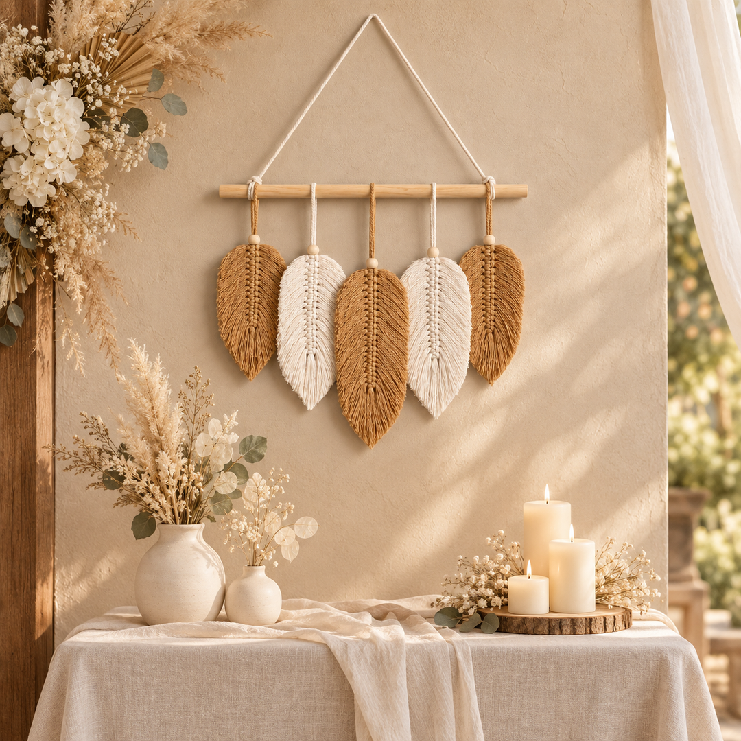 Cream leaf cluster above a dressed wedding welcome table with candles