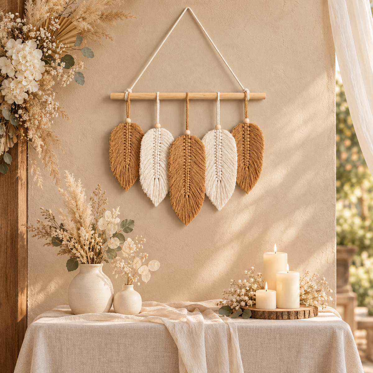 Cream leaf cluster above a dressed wedding welcome table with candles