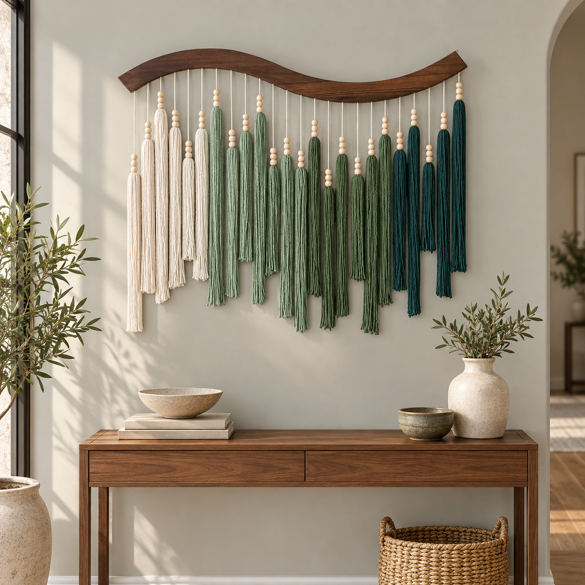 Entryway above a console, beaded tassel wave pole, dark stained wave-cut wood pole, twisted cord tassels