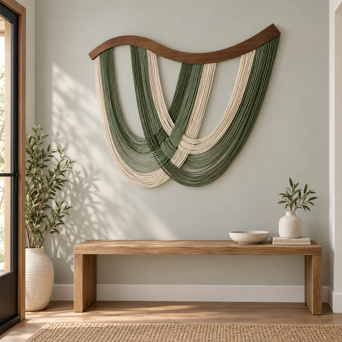 Entryway above a bench, wave cut wood arch with crossed green swags