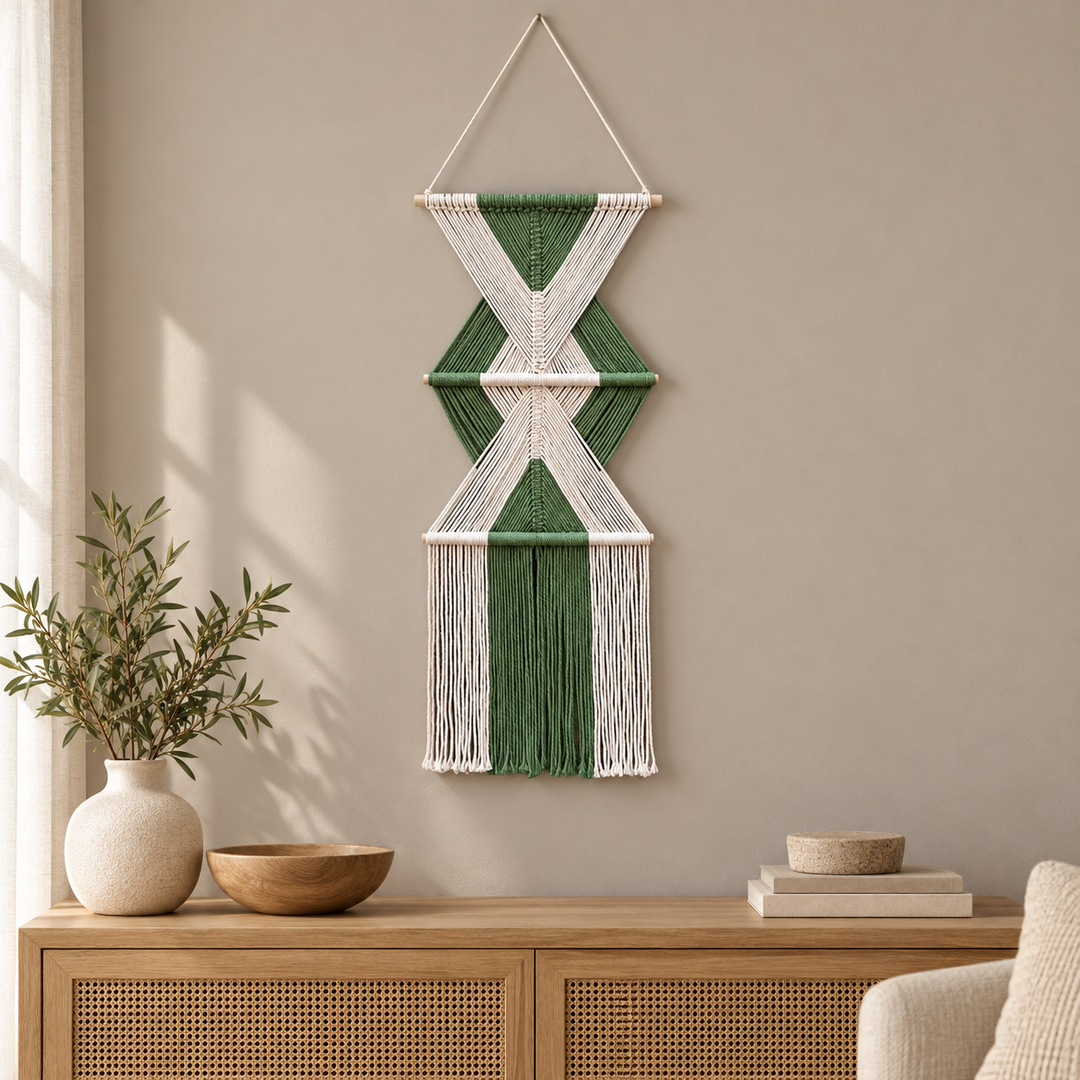 Apartment living room above a sideboard, stacked hourglass tiers