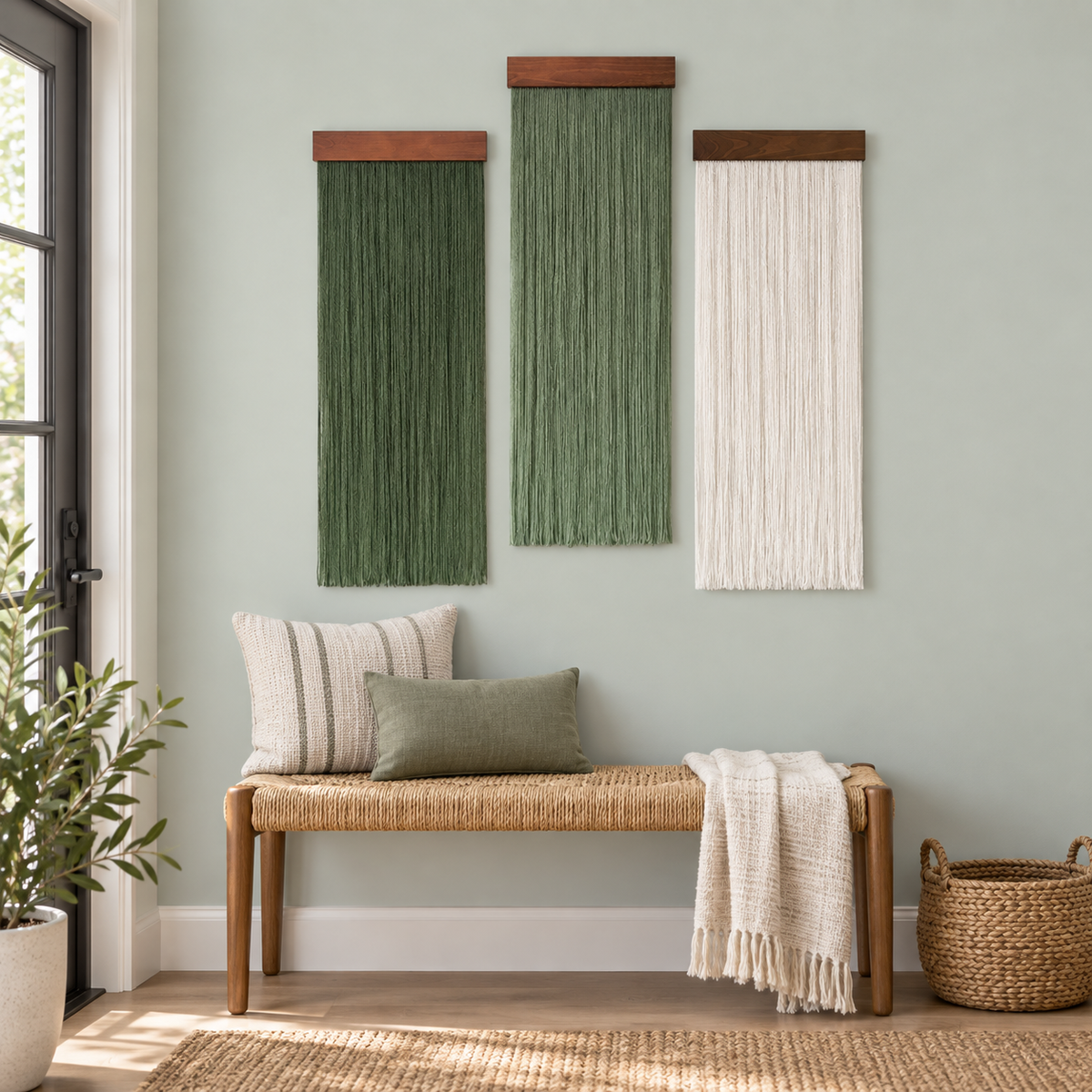 Three fringe panels above a woven bench in an apartment entryway
