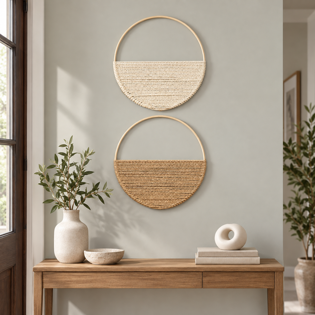 Entryway above a console, set of 2 woven half moon hoops, 19 cm