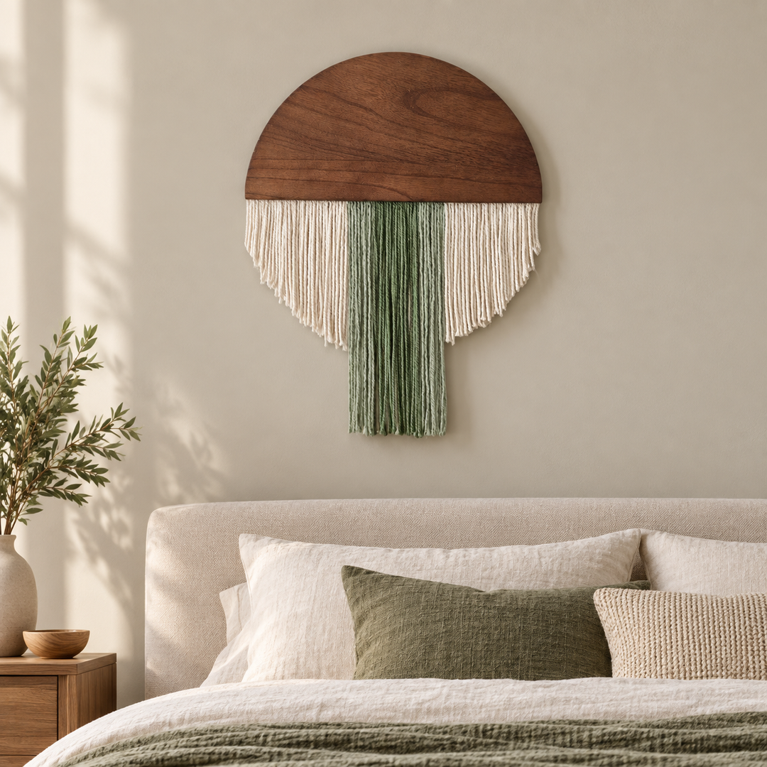 Bedroom accent wall beside a bed, 40 x 40 or 40 x 50 cm wood and fringe disc