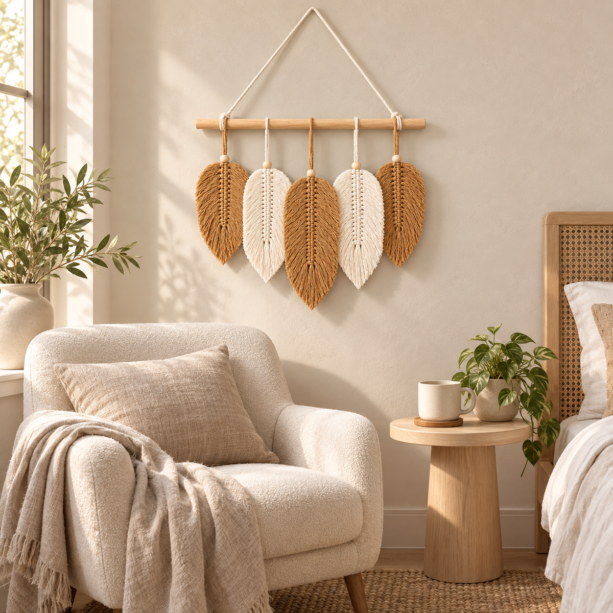 Macrame leaf wall hanging above a boucle armchair in a bedroom reading nook