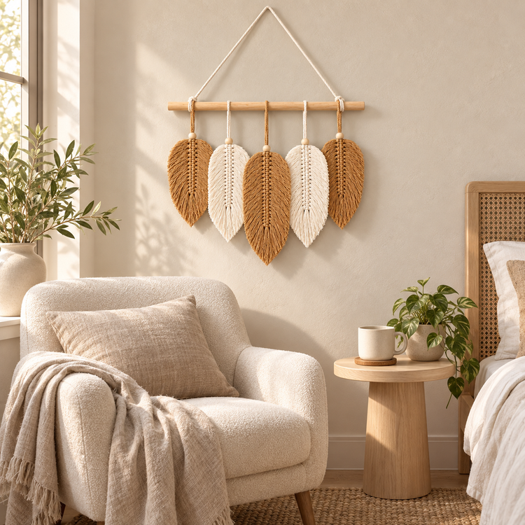 A boho-style woven wall hanging with five leaf-shaped macrame elements in natural tan and cream, suspended from a wooden rod in a softly lit bedroom setting.
