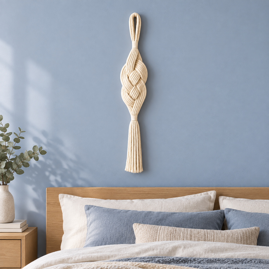 Bedroom on a blue wall beside a bed, braided rope wall pendant