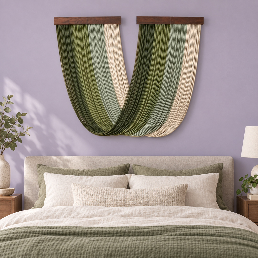Bedroom on a lilac wall above a bed, two battens crossing into one deep v