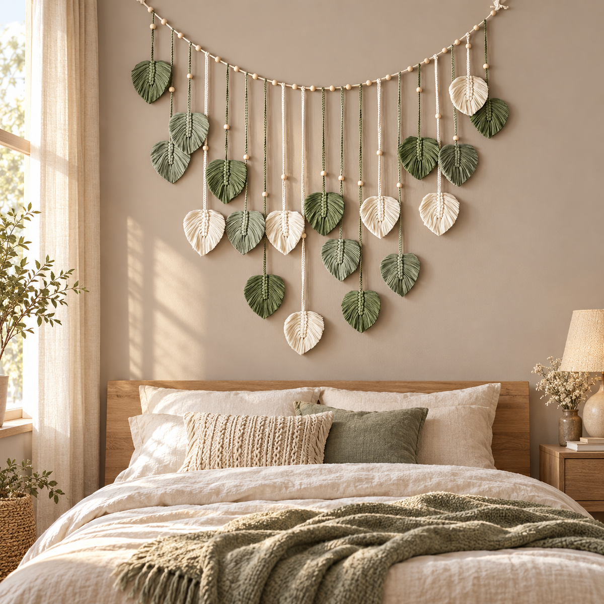 Sage and cream leaf garland above a made double bed beside a bright window
