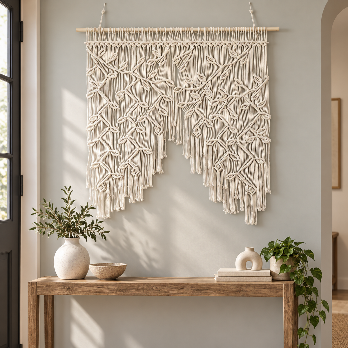 Entryway above a console, knotted leaf panel, twisted cord, pale wooden dowel