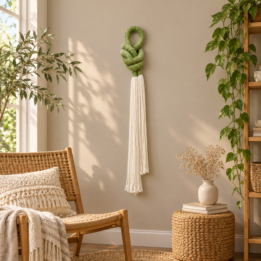 Boho sitting nook beside a rattan chair, rope knot with a cream tassel