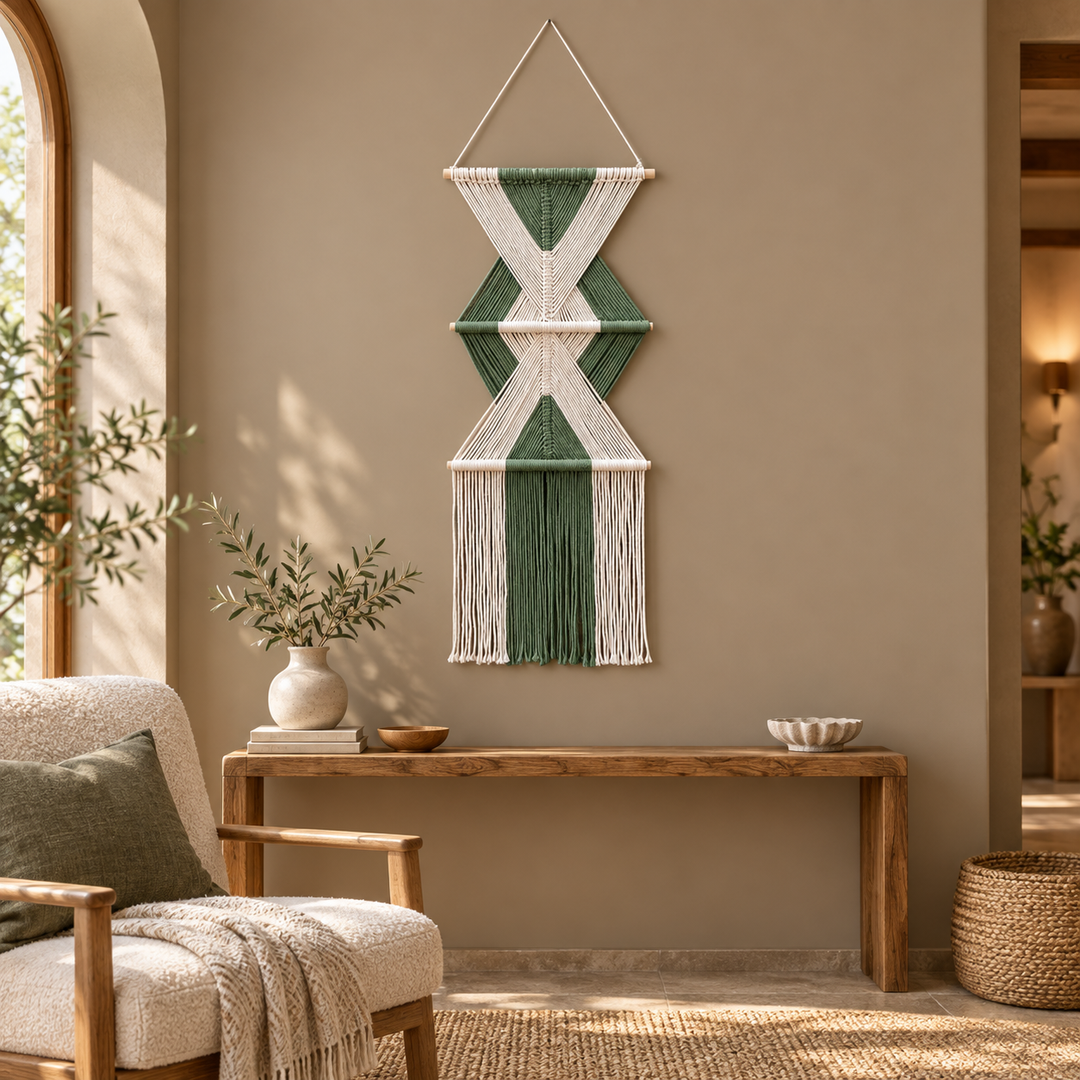Green macrame wall hanging above a wooden bench in a hotel style lounge
