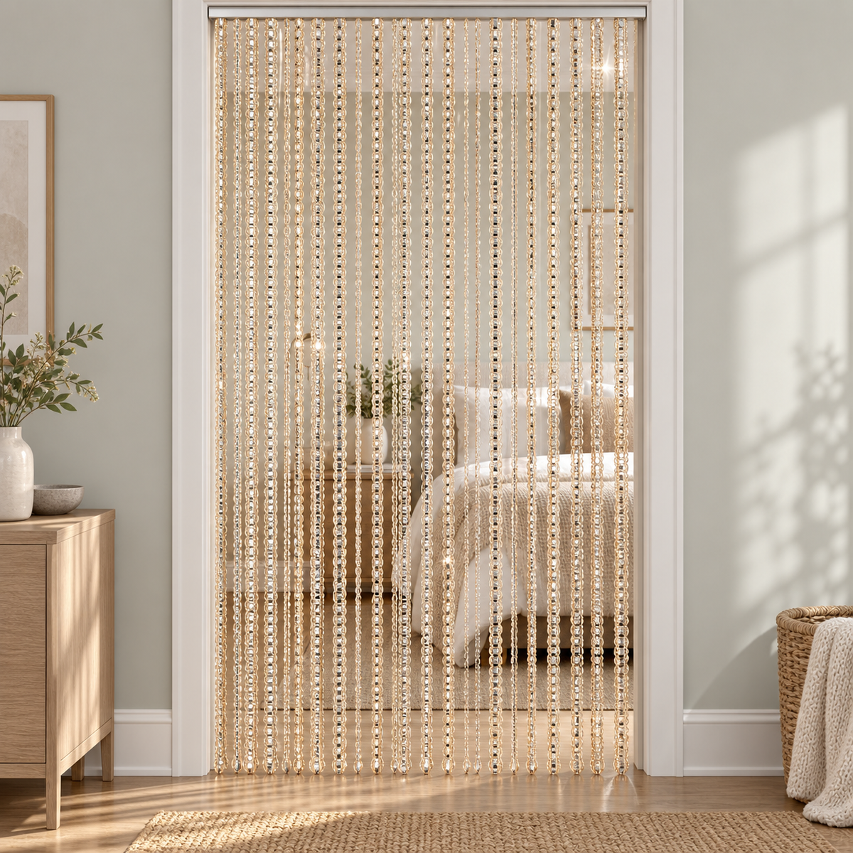 Iridescent multicolour strands held in a hand, shimmer string door curtain