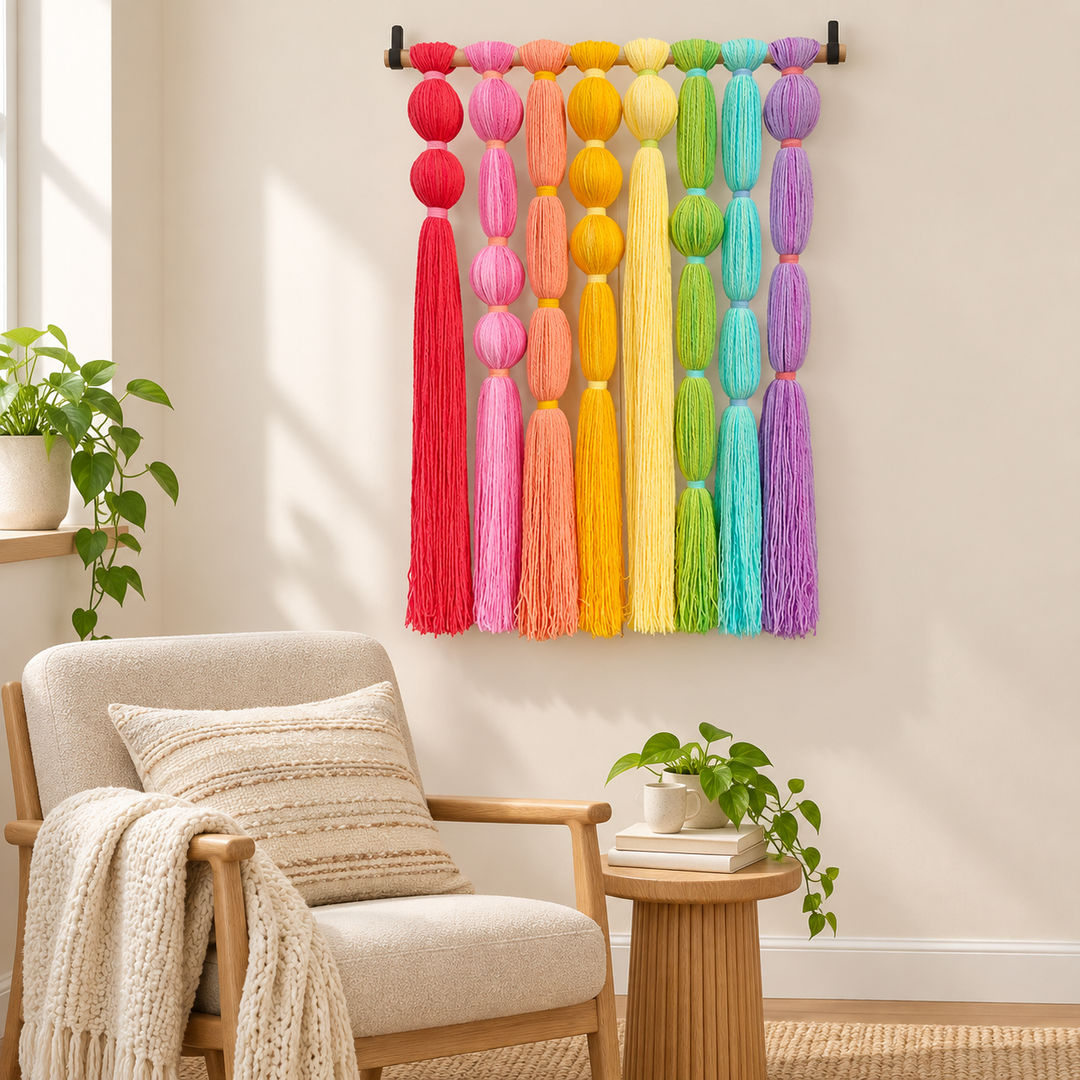 Cheerful reading nook beside an armchair, rainbow tassel wall hanging