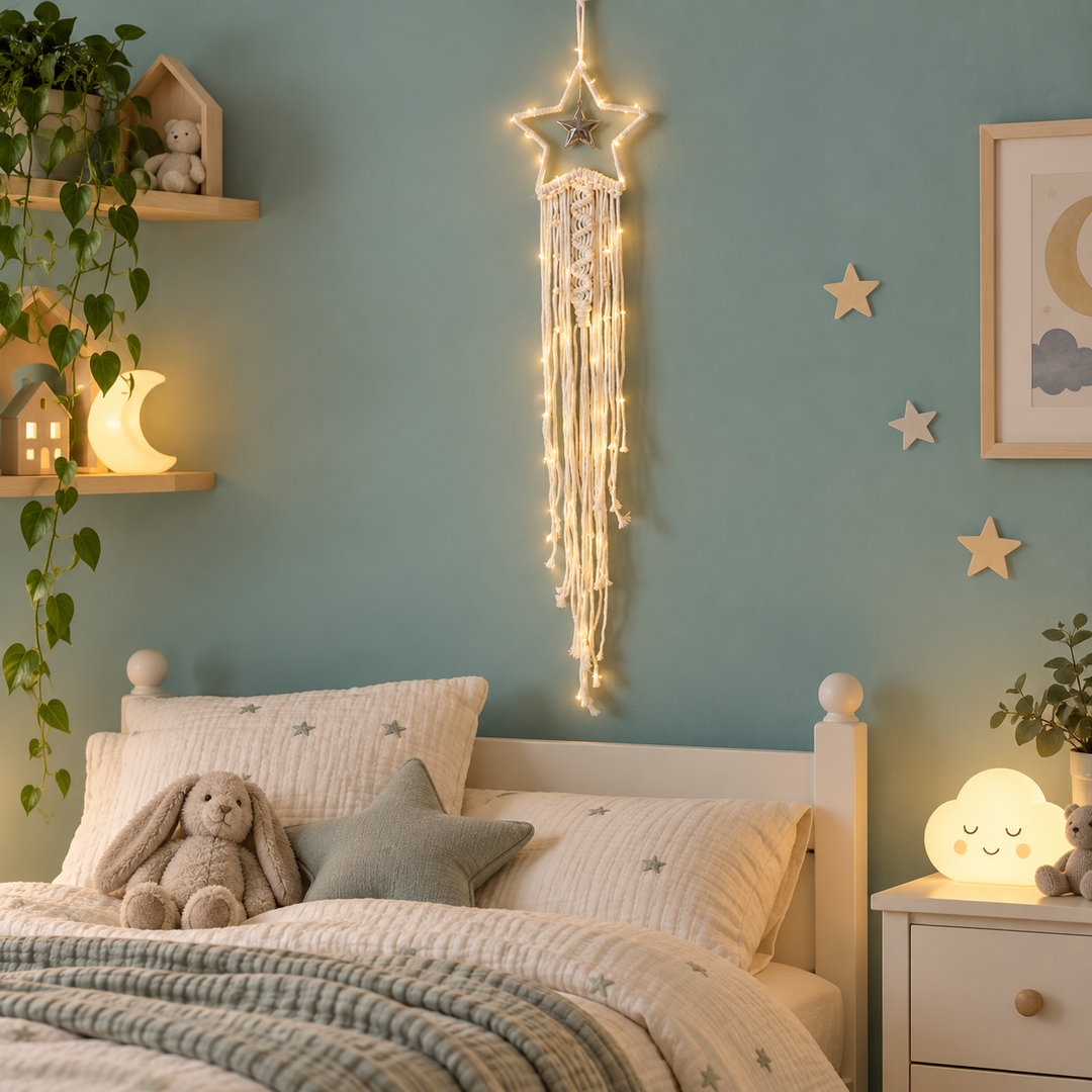 Lit star dream catcher above a child's bed with cloud and star wall decor