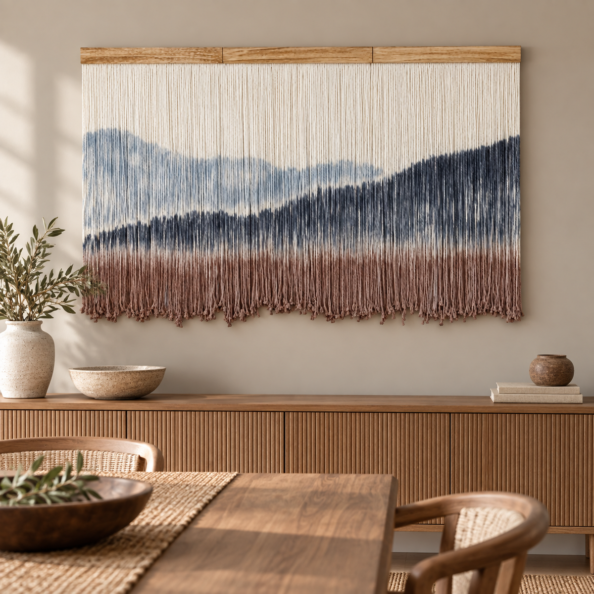 Dip dye mountain wall hanging above a fluted wooden sideboard in a dining room