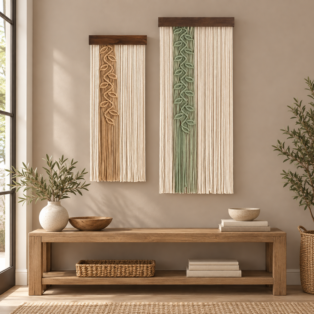 Entry console wall with the pair, knotted leaf vine panel, single or pair