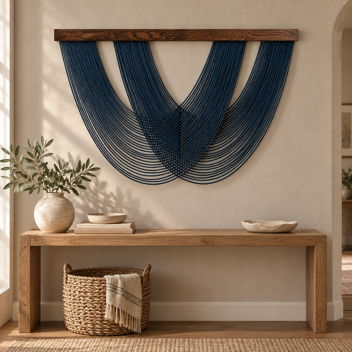 Indigo swag fan wall hanging above a long oak console in an entry hall