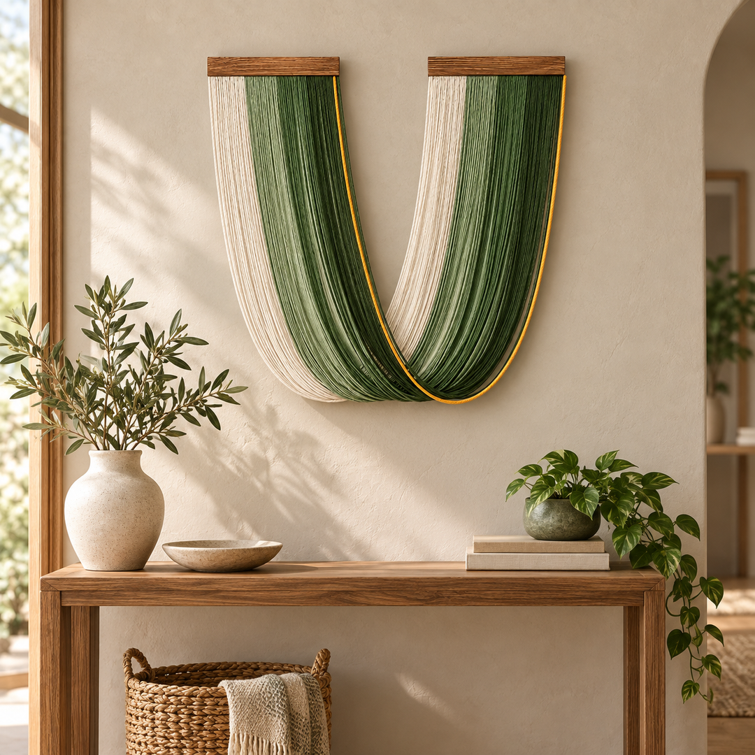 Green U swag wall hanging above a wooden console in an entry hall