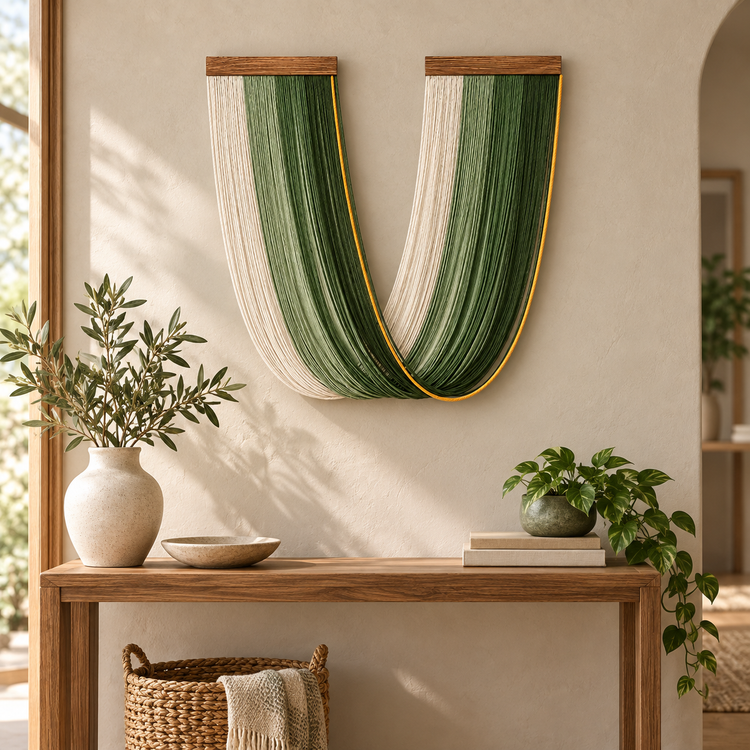 A decorative wall hanging made of two draped vertical panels in dark and medium green with cream side accents and a thin gold edge, displayed above a wooden console table in a warm neutral interior with plants and vases.