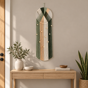 Entryway above a console table, fanned hoop with fringe, twisted cord, cord-wrapped ring