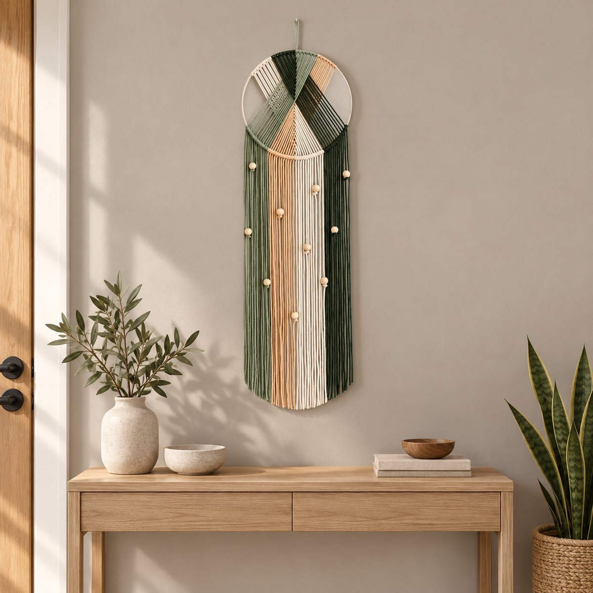 Entryway above a console table, fanned hoop with fringe, twisted cord, cord-wrapped ring