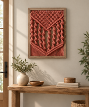 Style-12 sage cable, macrame panel in 13 knot styles, twisted cord, stained wood frame