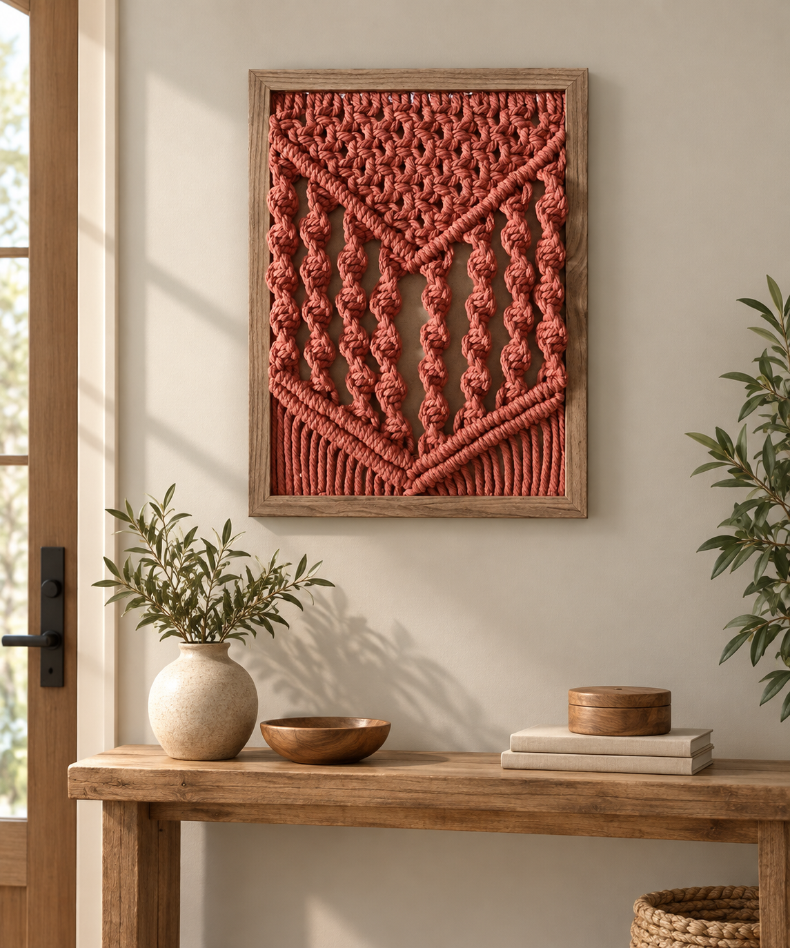 Style-12 sage cable, macrame panel in 13 knot styles, twisted cord, stained wood frame