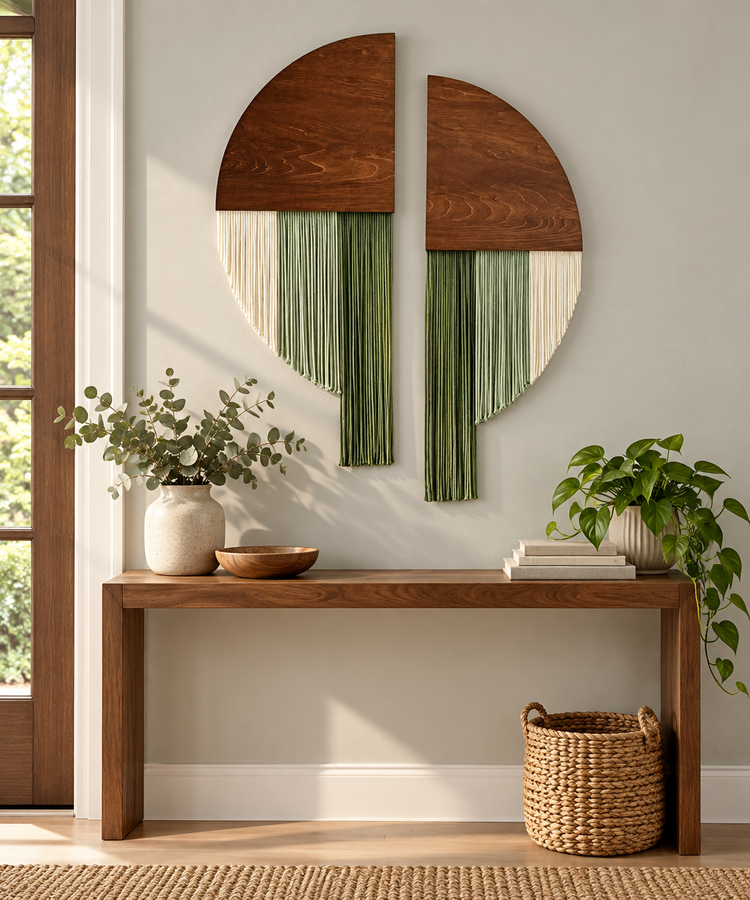 Two large oval wall art pieces with dark wood tops and layered green and cream fringe details, displayed above a wooden console table in a styled interior with plants and a woven basket.