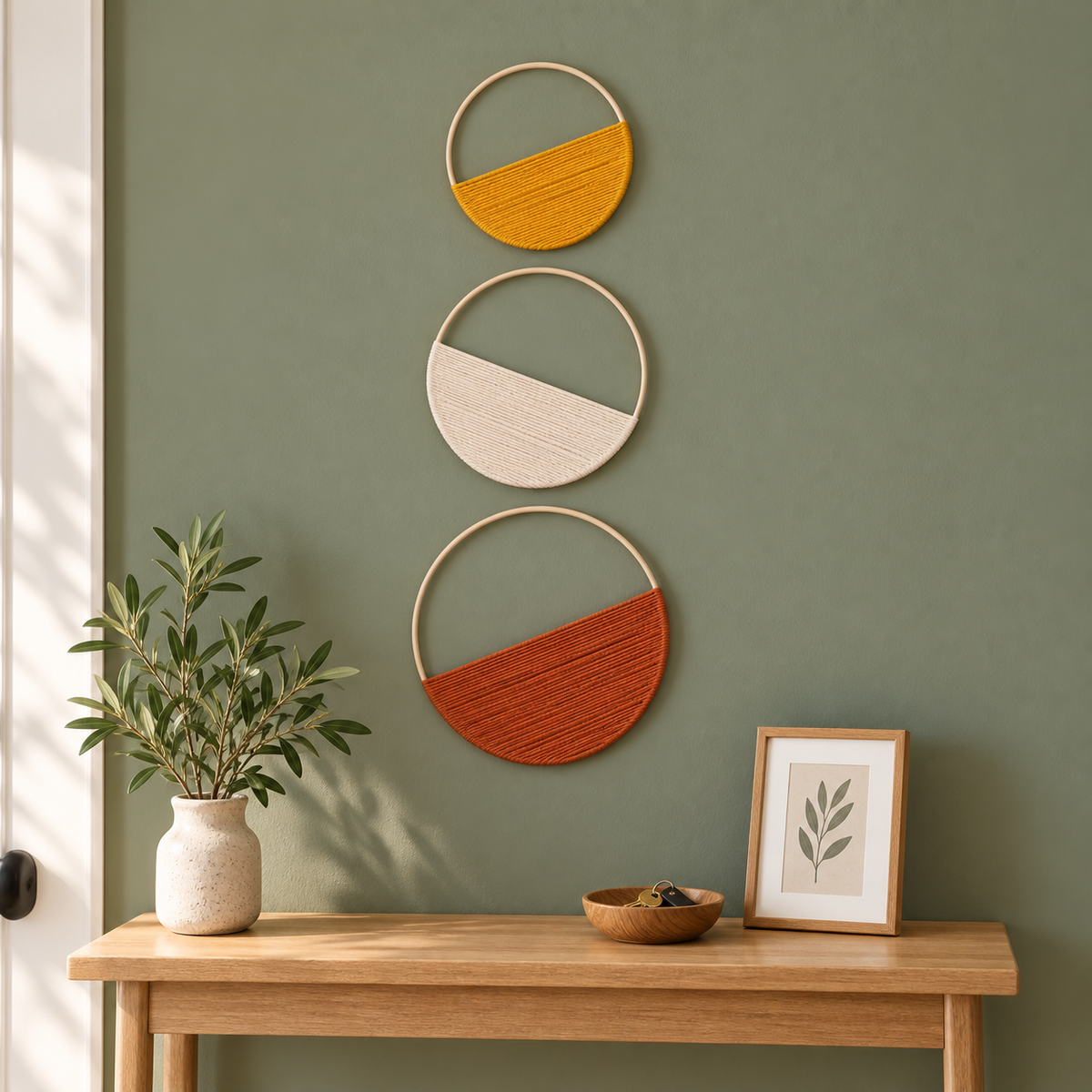 Woven hoop wall art above an oak entryway console holding an olive branch in a vase
