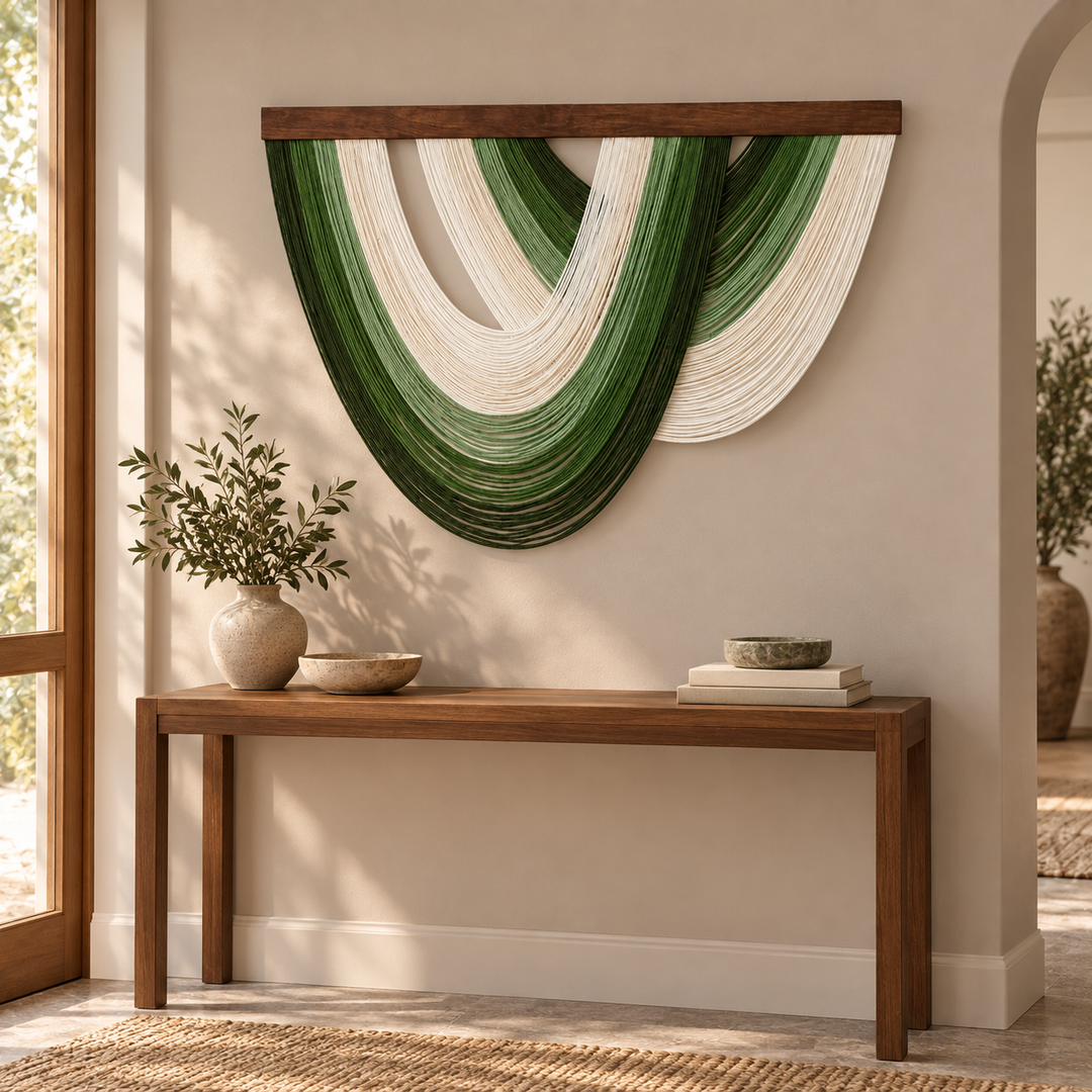 Open fan fringe wall hanging above a wooden console in an entryway