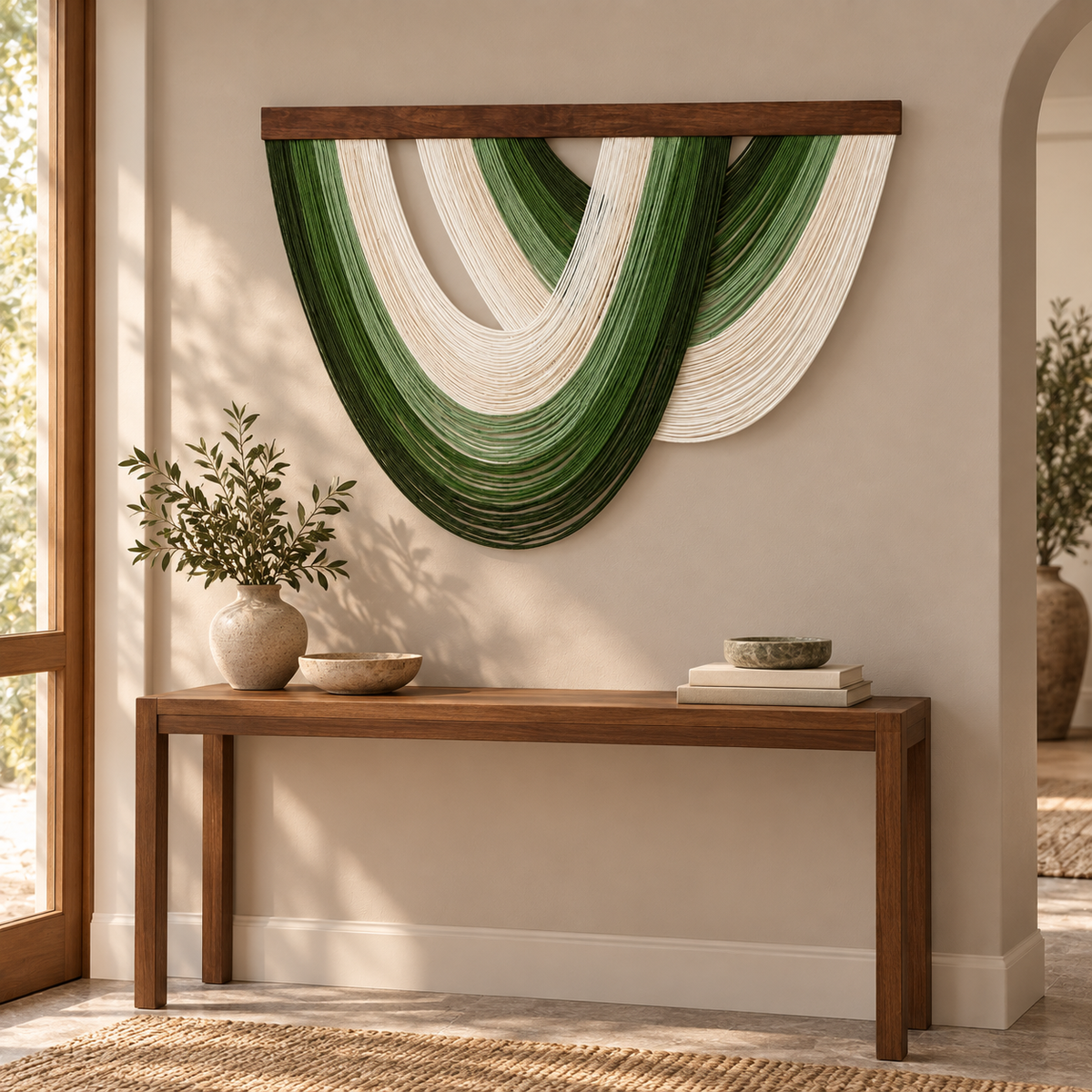 Open fan fringe wall hanging above a wooden console in an entryway