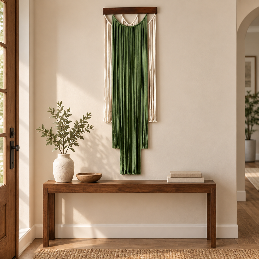 Layered fringe wall hanging above a wooden console in an entryway