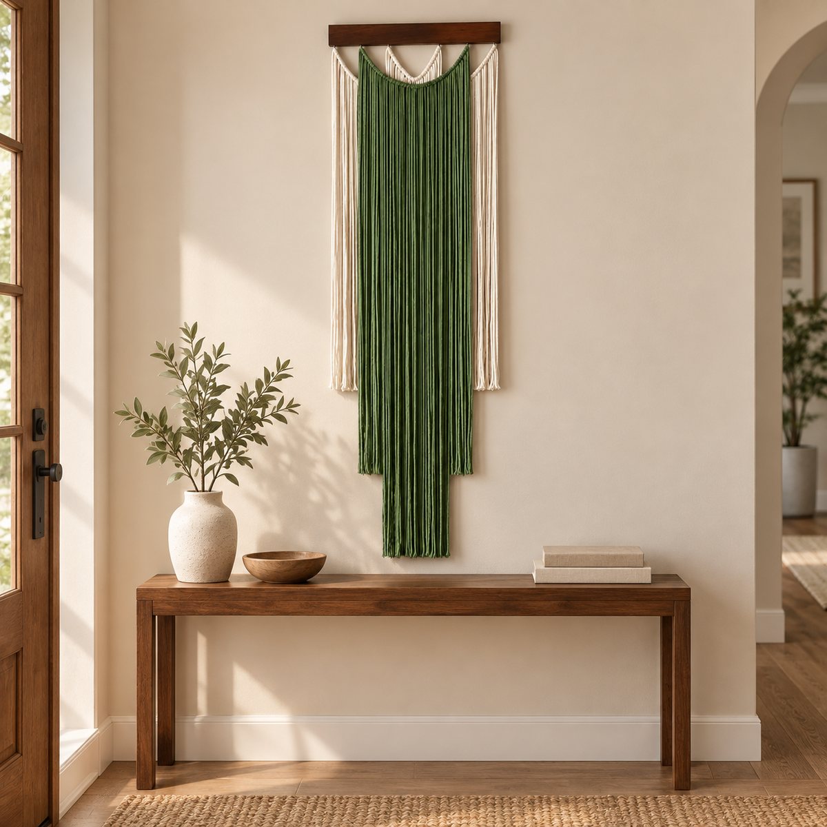 Layered fringe wall hanging above a wooden console in an entryway