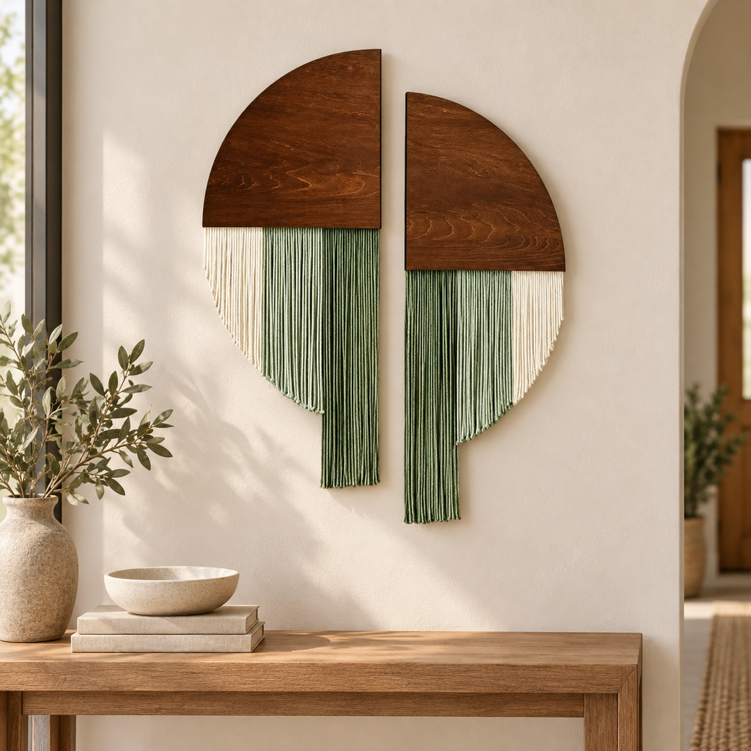 Entryway above a console table, split circle set of 2 in wood and fringe