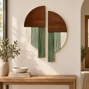 Entryway above a console table, split circle set of 2 in wood and fringe