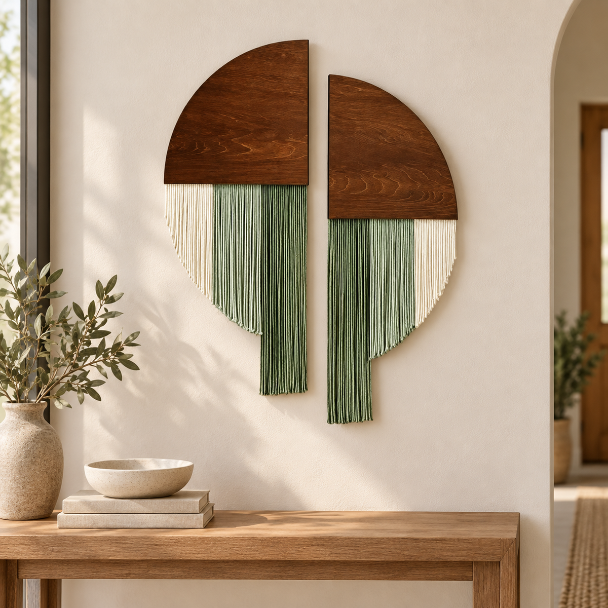 Entryway above a console table, split circle set of 2 in wood and fringe