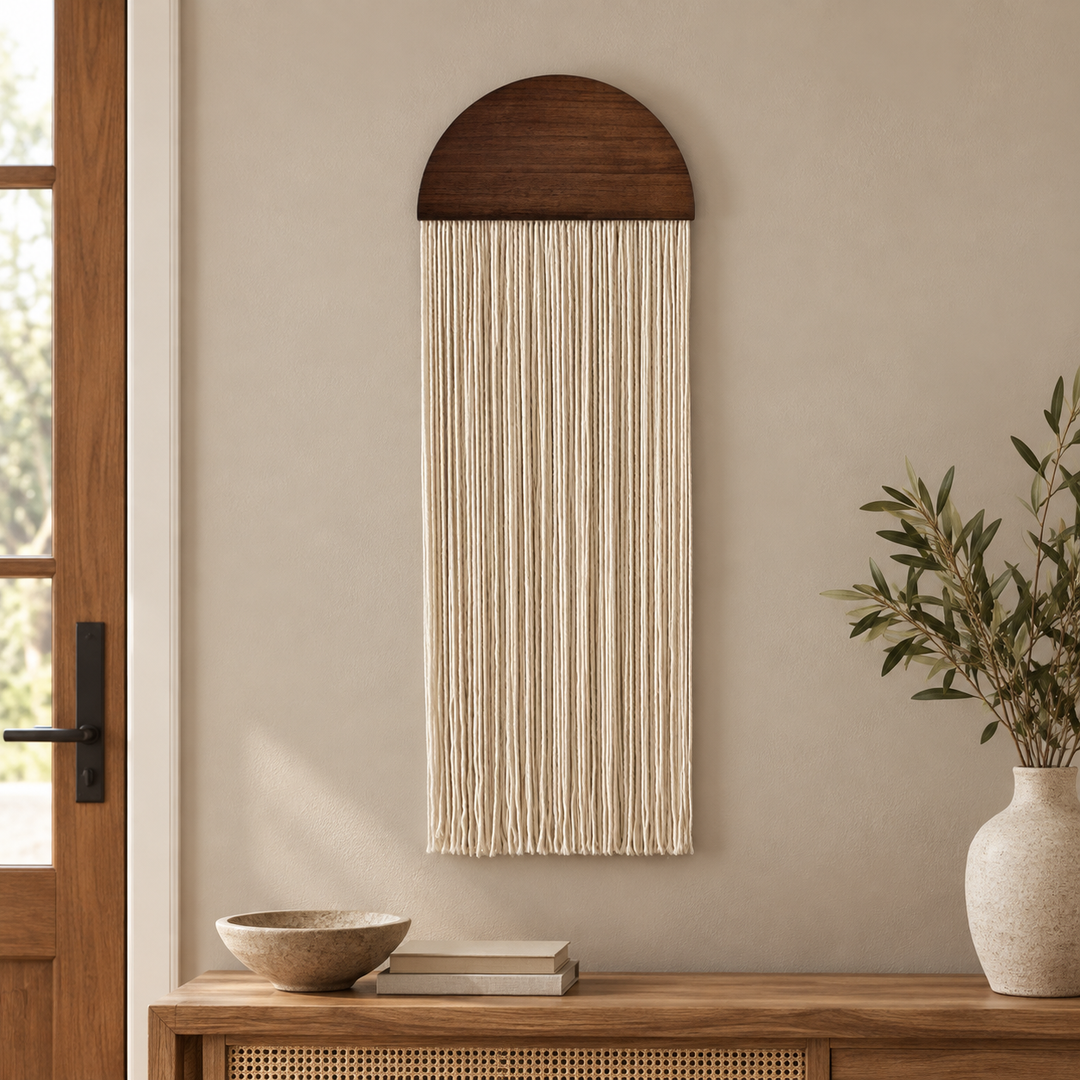 Creative tapestry, hand woven semi-circular wooden board, tassel tapestry, living room, homestay, wall hanging, wall decoration generated media