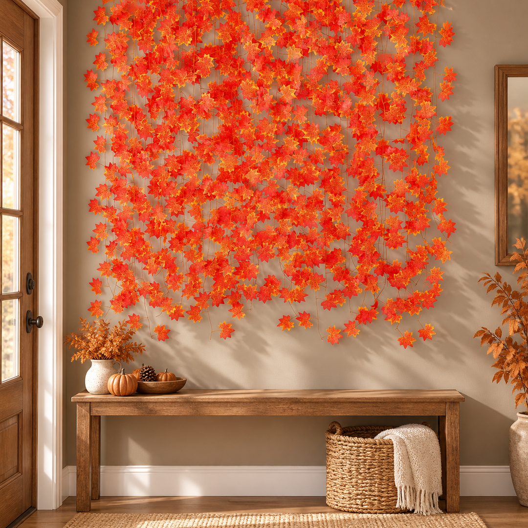 Wall of artificial maple leaf strands above a wooden bench in a front entry