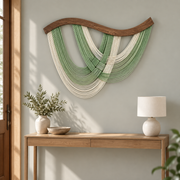 Entry hall above a console, crossed swags in four colors, twisted cord, dark stained wave-cut wood rod